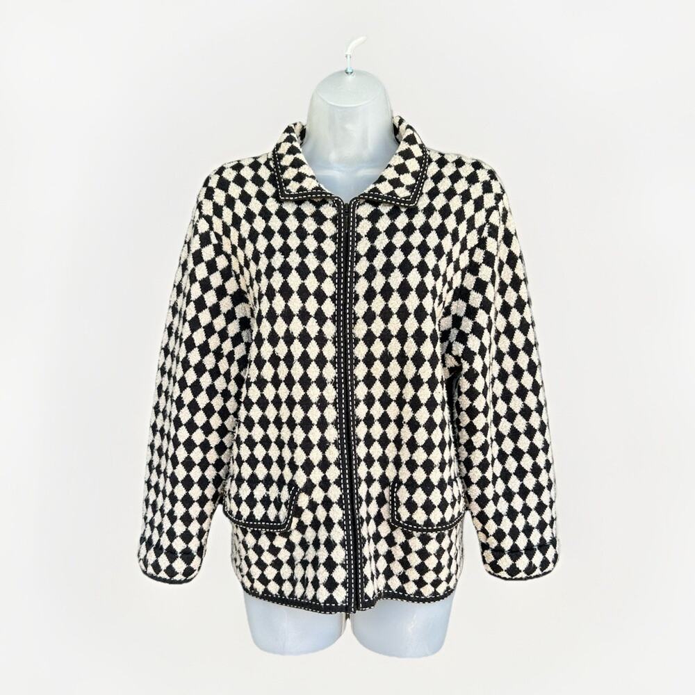 VTG Pendleton Zip Front Structured Sweater Jacket Women Lg Black/White Harlequin